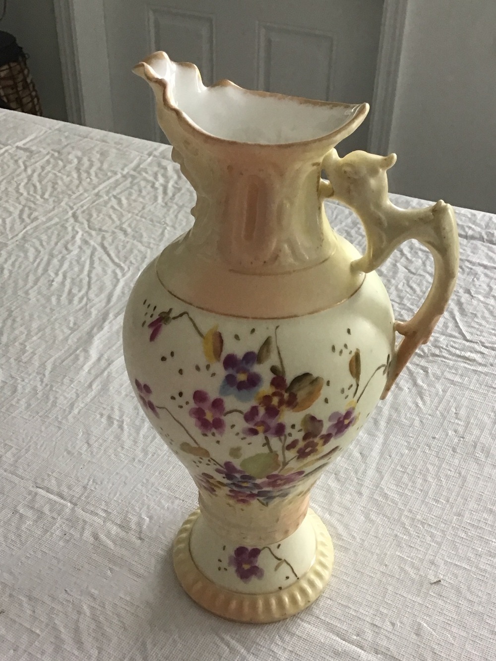 Antique Year 1880 Hand-Painted Cream and Gold Floral Porcelain Pitcher Vase. ##